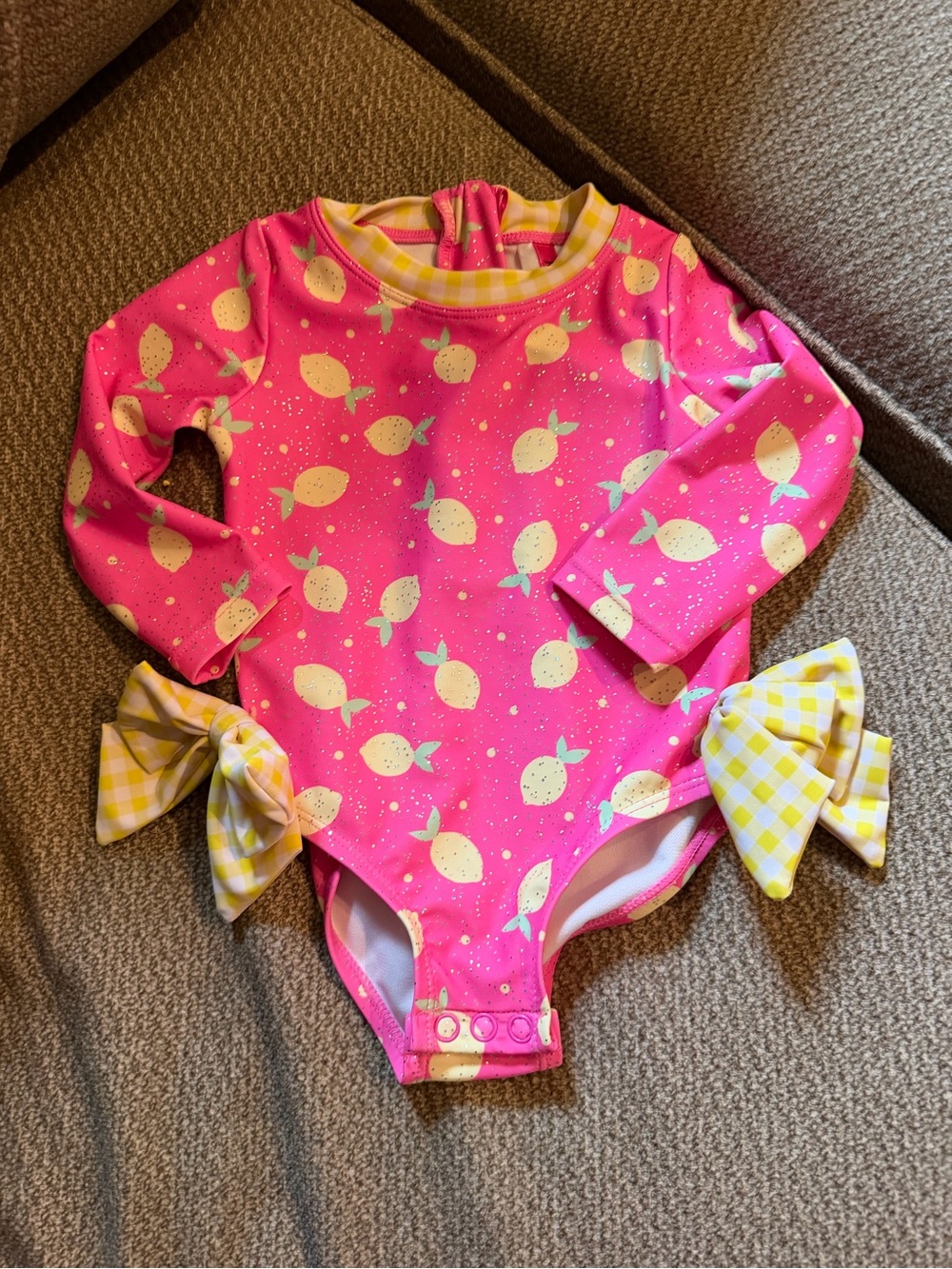 Betsey Johnson Glitter long-Sleeve Lemon Print suit with Yellow Gingham Bows
